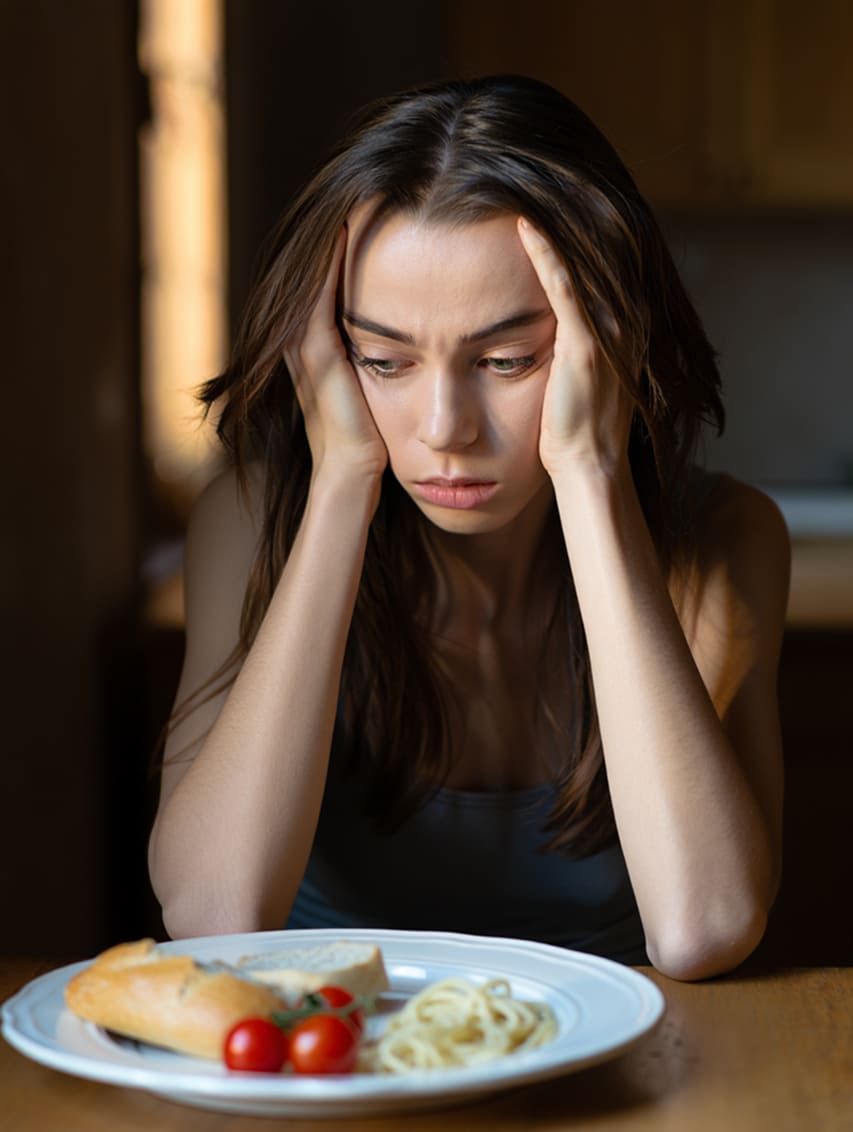 Женщина с озабоченным выражением лица сидит за столом, держась за голову руками, перед ней тарелка с едой